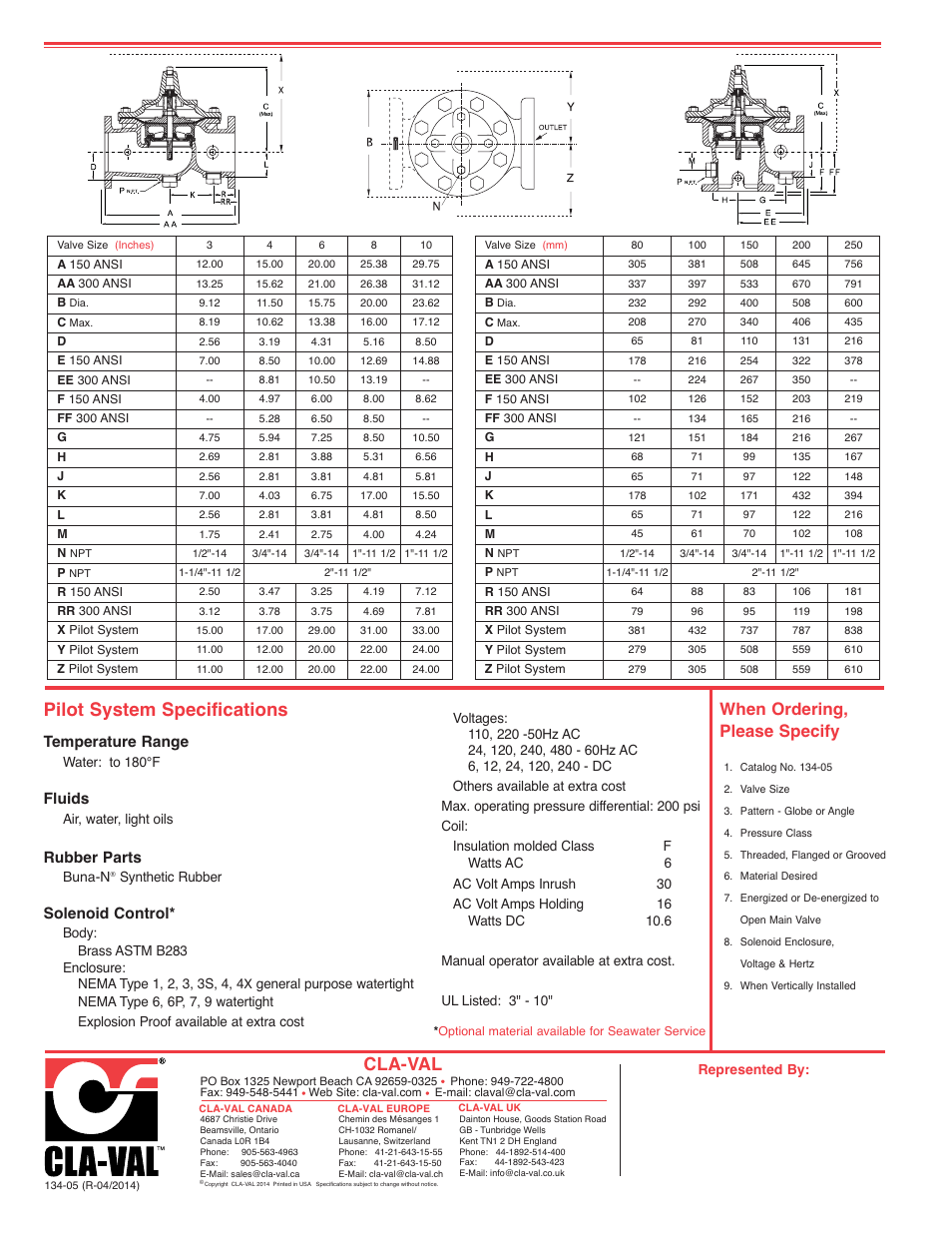 Pilot system specifications, Cla-val, When ordering, please specify | Temperature range, Fluids, Rubber parts, Solenoid control | Cla-Val 134-05 User Manual | Page 2 / 2