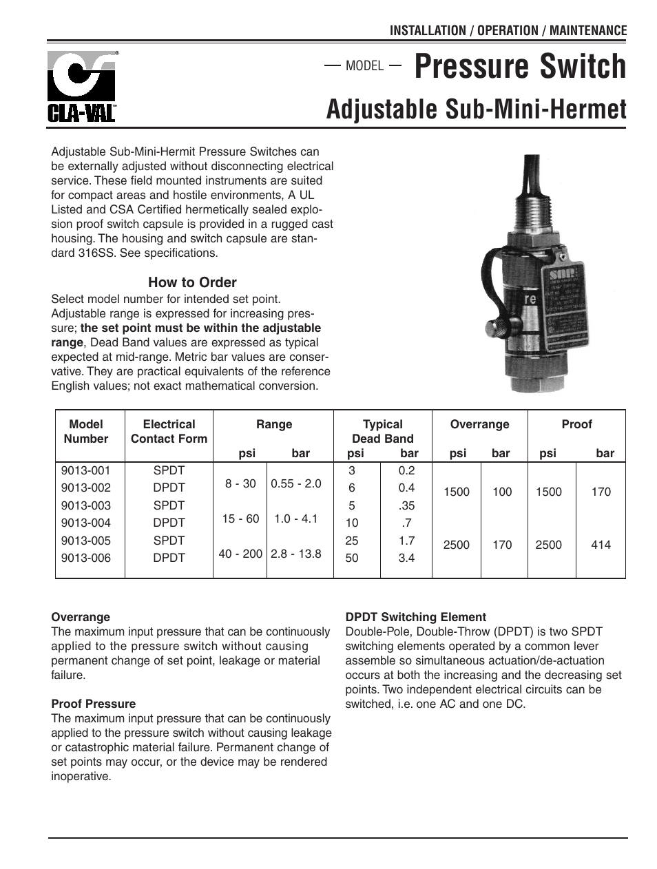 Pressure switch, Adjustable sub-mini-hermet | Cla-Val 834-05 User Manual | Page 27 / 34