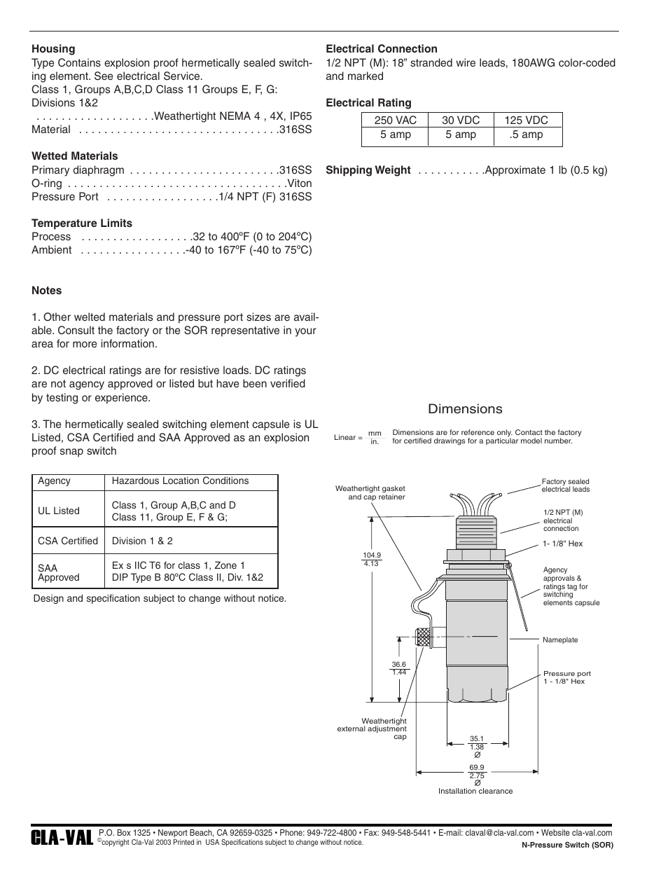 Cla-val, Dimensions | Cla-Val 834-05 User Manual | Page 28 / 34