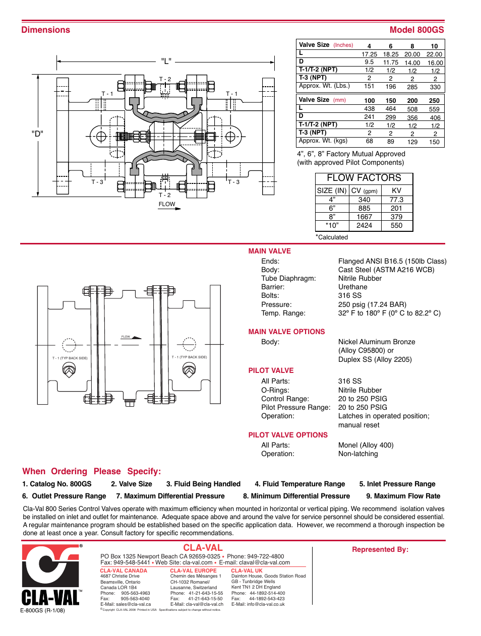 Flow factors, Cla-val, Dimensions model 800gs | When ordering please specify, L" "d | Cla-Val 834-05 User Manual | Page 8 / 34