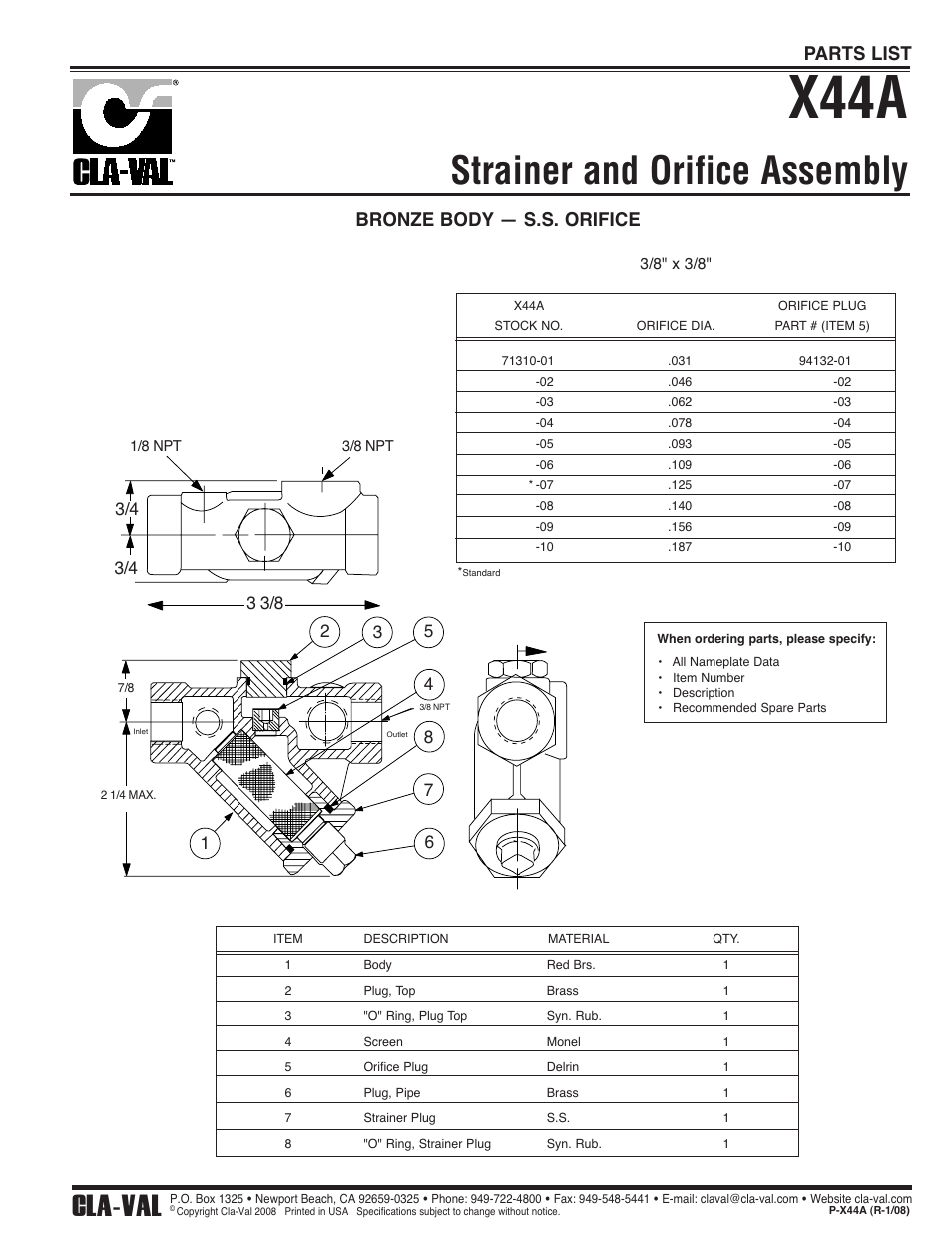 X44a, Strainer and orifice assembly, Cla-val | Bronze body — s.s. orifice, Parts list | Cla-Val 850-20 User Manual | Page 11 / 16