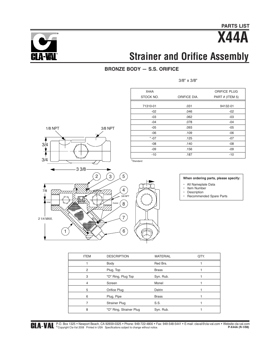 X44a, Strainer and orifice assembly, Cla-val | Bronze body — s.s. orifice, Parts list | Cla-Val 50B-5KG User Manual | Page 17 / 27