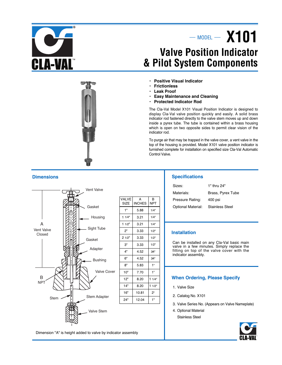 X101, Valve position indicator & pilot system components, Model | Cla-Val 50B-5KG User Manual | Page 20 / 27