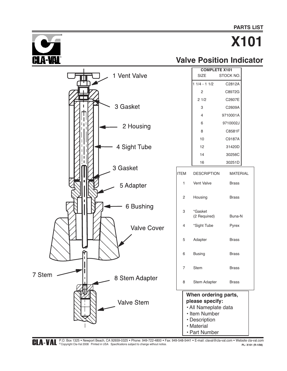 X101, Valve position indicator, Cla-val | Cla-Val 50B-5KG User Manual | Page 22 / 27