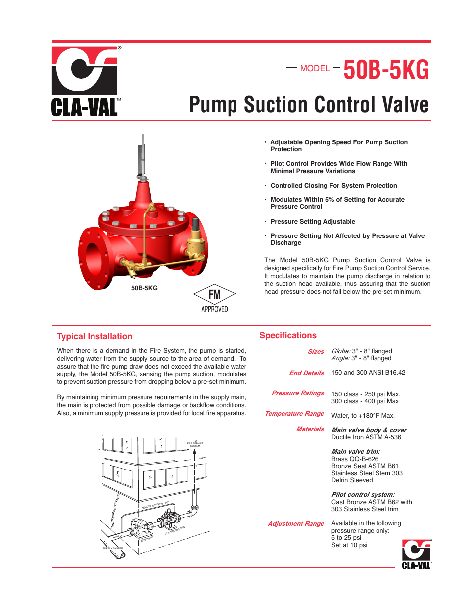 50b-5kg, Pump suction control valve, Typical installation | Specifications, Model | Cla-Val 50B-5KG User Manual | Page 4 / 27