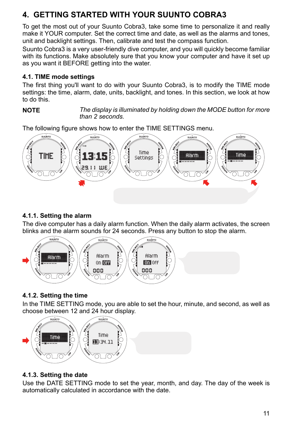 Getting started with your suunto cobra3, Time mode settings, Setting the alarm | Setting the time, Setting the date, 11 4.1.2. setting the time, 11 4.1.3. setting the date | SUUNTO Cobra3 User Manual | Page 11 / 60