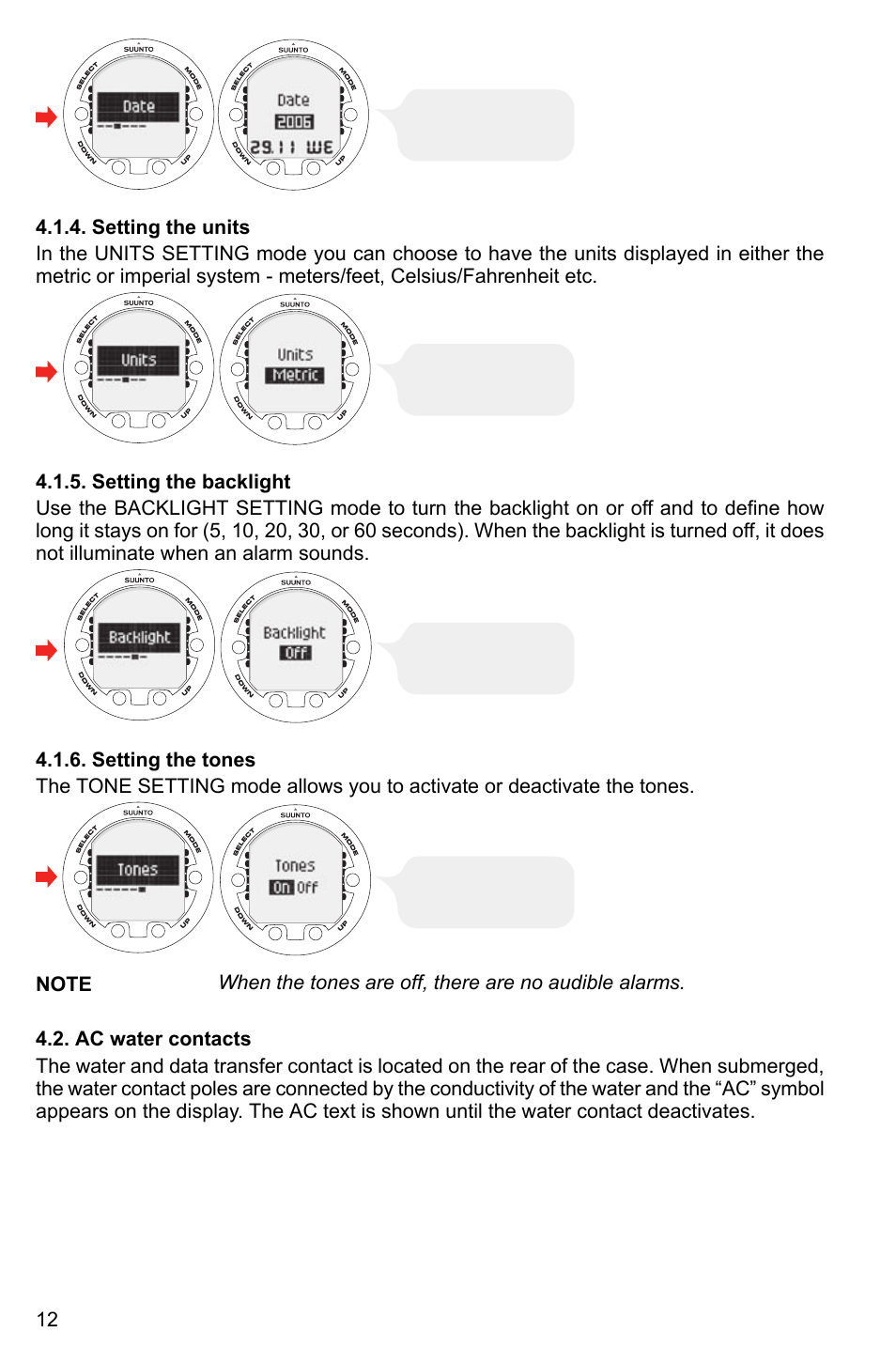 Setting the units, Setting the backlight, Setting the tones | Ac water contacts, 12 4.1.5. setting the backlight, 12 4.1.6. setting the tones | SUUNTO Cobra3 User Manual | Page 12 / 60
