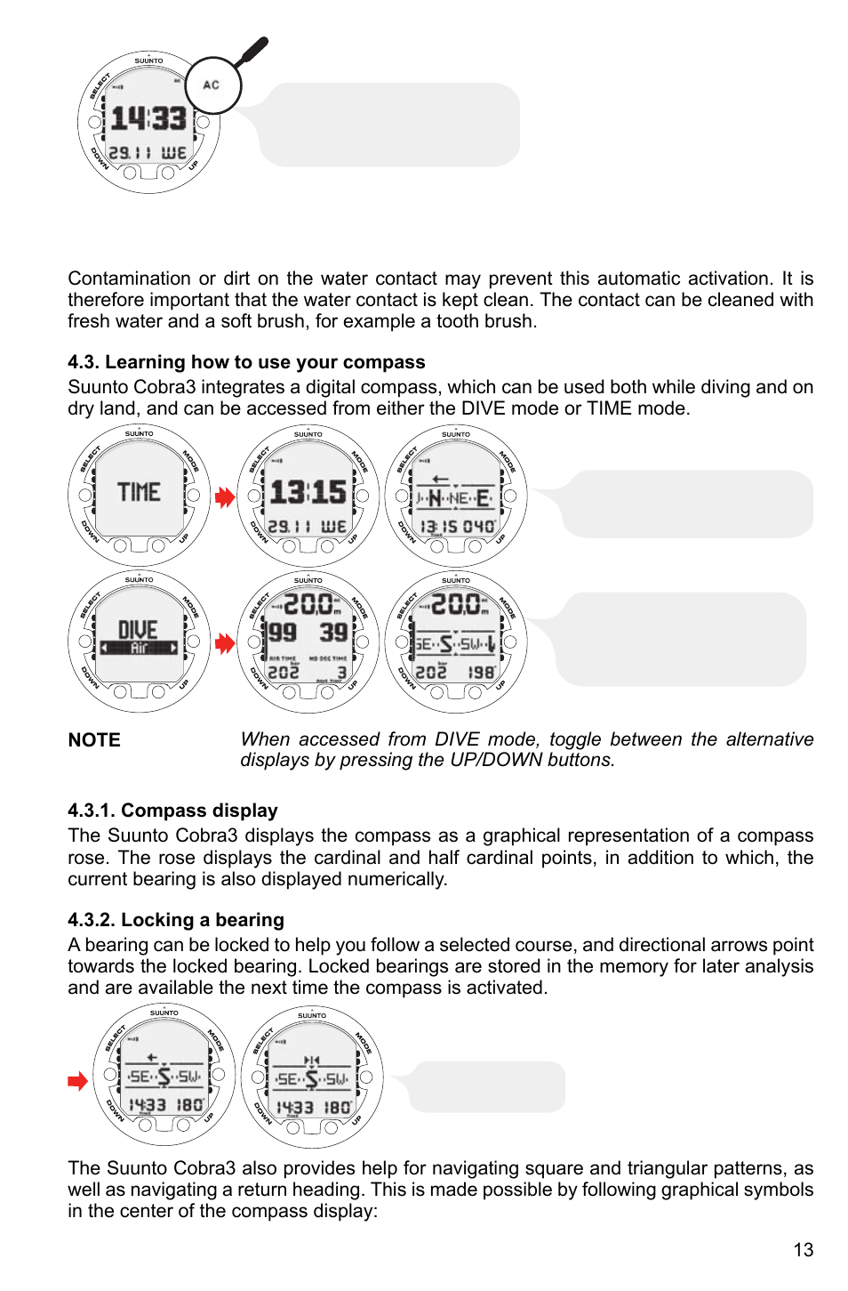Learning how to use your compass, Compass display, Locking a bearing | 13 4.3.2. locking a bearing | SUUNTO Cobra3 User Manual | Page 13 / 60