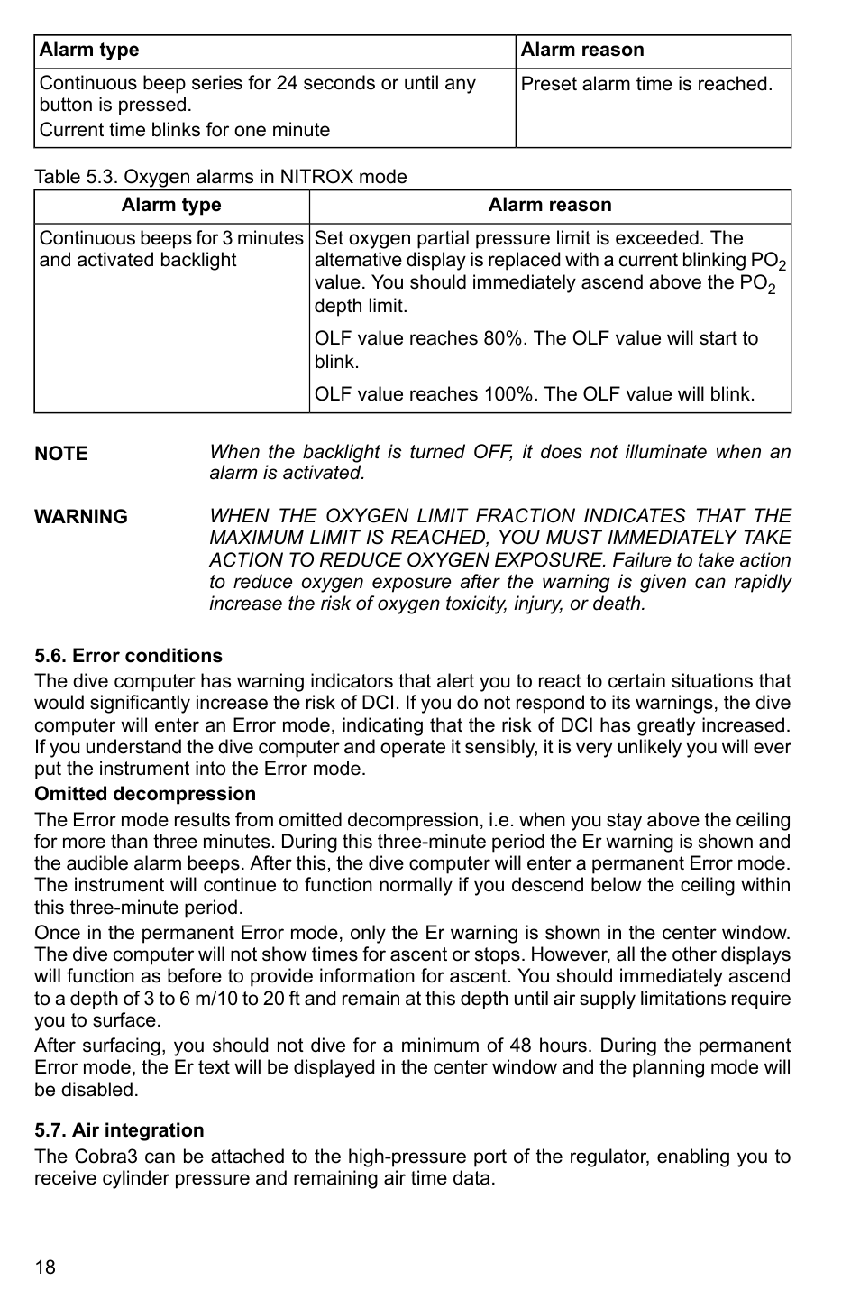 Error conditions, Air integration, 18 5.7. air integration | SUUNTO Cobra3 User Manual | Page 18 / 60