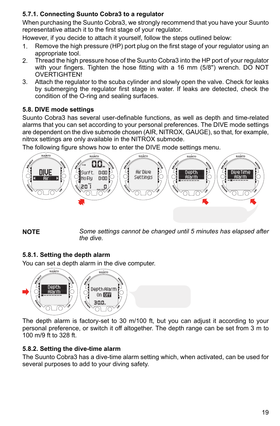 Connecting suunto cobra3 to a regulator, Dive mode settings, Setting the depth alarm | Setting the dive-time alarm, 19 5.8.2. setting the dive-time alarm | SUUNTO Cobra3 User Manual | Page 19 / 60