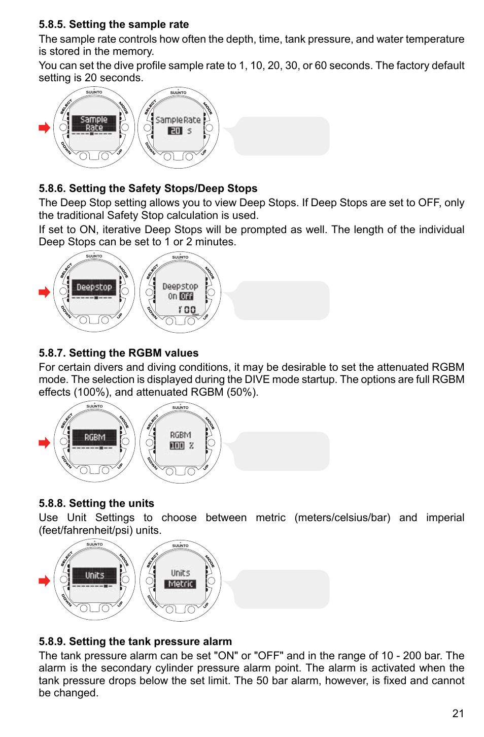 Setting the sample rate, Setting the safety stops/deep stops, Setting the rgbm values | Setting the units, Setting the tank pressure alarm, 21 5.8.6. setting the safety stops/deep stops, 21 5.8.7. setting the rgbm values, 21 5.8.8. setting the units, 21 5.8.9. setting the tank pressure alarm | SUUNTO Cobra3 User Manual | Page 21 / 60