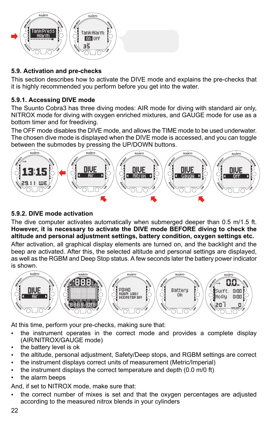 Activation and pre-checks, Accessing dive mode, Dive mode activation | 22 5.9.2. dive mode activation | SUUNTO Cobra3 User Manual | Page 22 / 60