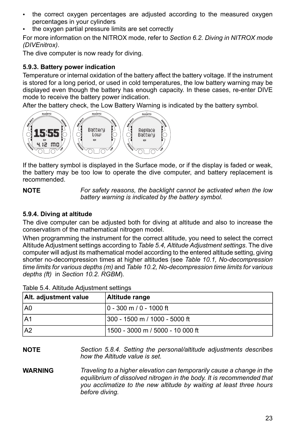 Battery power indication, Diving at altitude, 23 5.9.4. diving at altitude | SUUNTO Cobra3 User Manual | Page 23 / 60