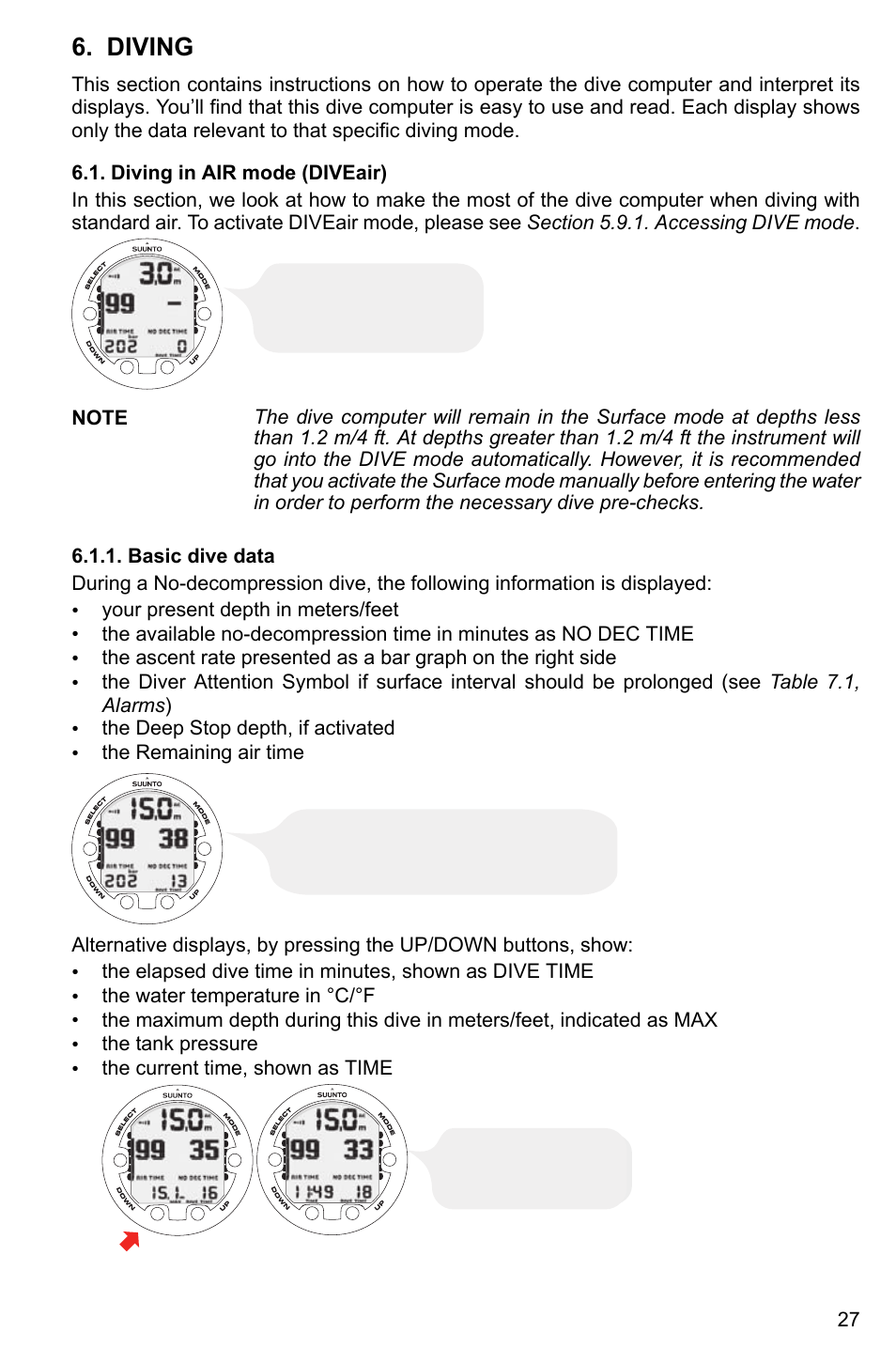 Diving, Diving in air mode (diveair), Basic dive data | SUUNTO Cobra3 User Manual | Page 27 / 60