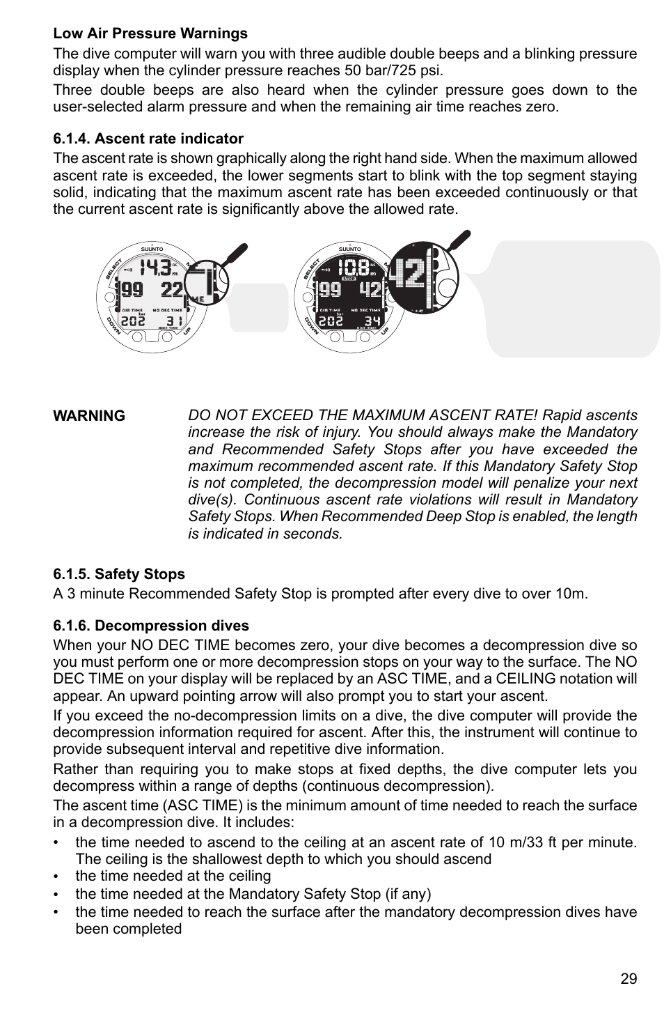 Ascent rate indicator, Safety stops, Decompression dives | 29 6.1.6. decompression dives | SUUNTO Cobra3 User Manual | Page 29 / 60
