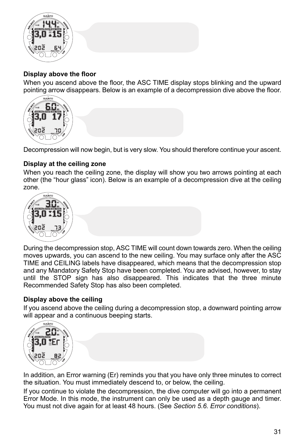 Display above the floor, Display at the ceiling zone, Display above the ceiling | SUUNTO Cobra3 User Manual | Page 31 / 60