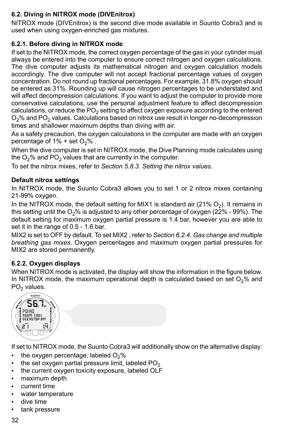 Diving in nitrox mode (divenitrox), Before diving in nitrox mode, Default nitrox settings | Oxygen displays, 32 6.2.2. oxygen displays | SUUNTO Cobra3 User Manual | Page 32 / 60