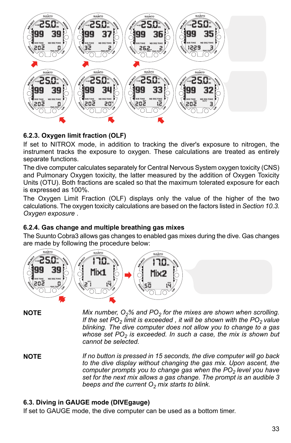 Oxygen limit fraction (olf), Gas change and multiple breathing gas mixes, Diving in gauge mode (divegauge) | SUUNTO Cobra3 User Manual | Page 33 / 60
