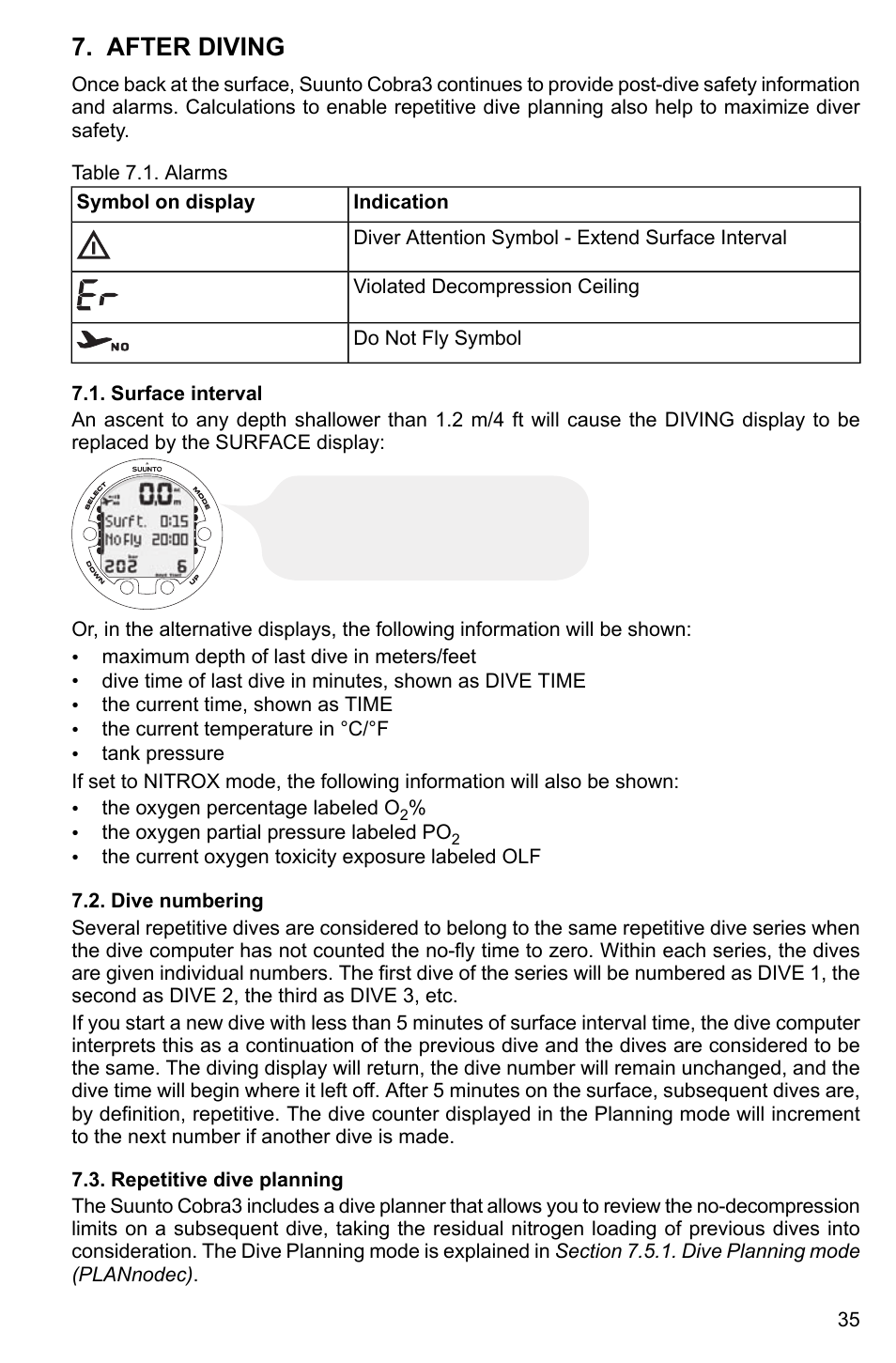 After diving, Surface interval, Dive numbering | Repetitive dive planning, 35 7.2. dive numbering, 35 7.3. repetitive dive planning | SUUNTO Cobra3 User Manual | Page 35 / 60