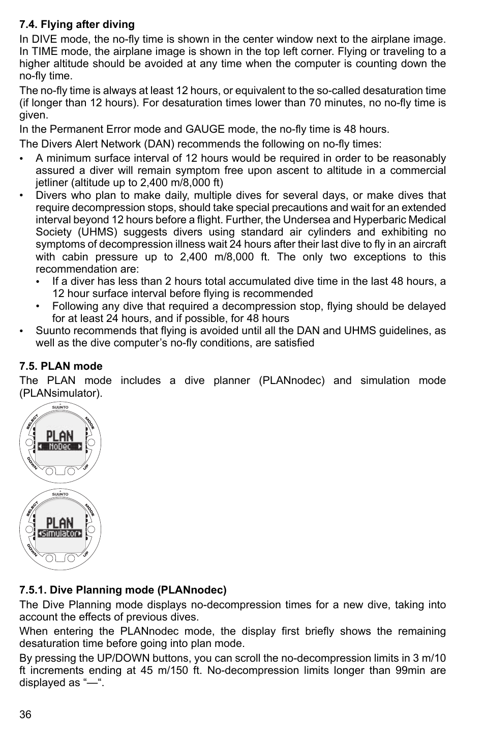 Flying after diving, Plan mode, Dive planning mode (plannodec) | 36 7.5. plan mode | SUUNTO Cobra3 User Manual | Page 36 / 60