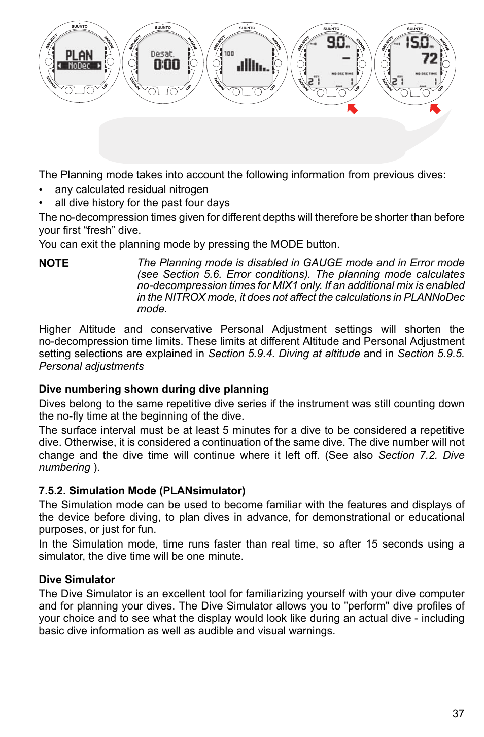 Dive numbering shown during dive planning, Simulation mode (plansimulator), Dive simulator | SUUNTO Cobra3 User Manual | Page 37 / 60