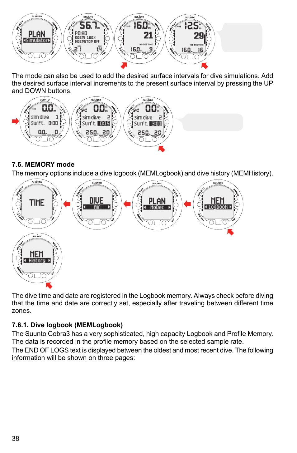 Memory mode, Dive logbook (memlogbook) | SUUNTO Cobra3 User Manual | Page 38 / 60