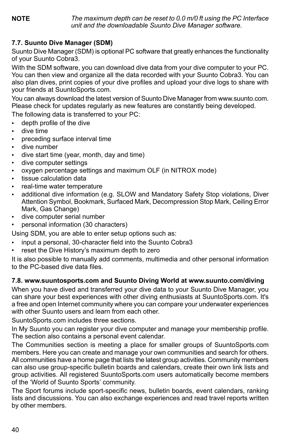 Suunto dive manager (sdm) | SUUNTO Cobra3 User Manual | Page 40 / 60