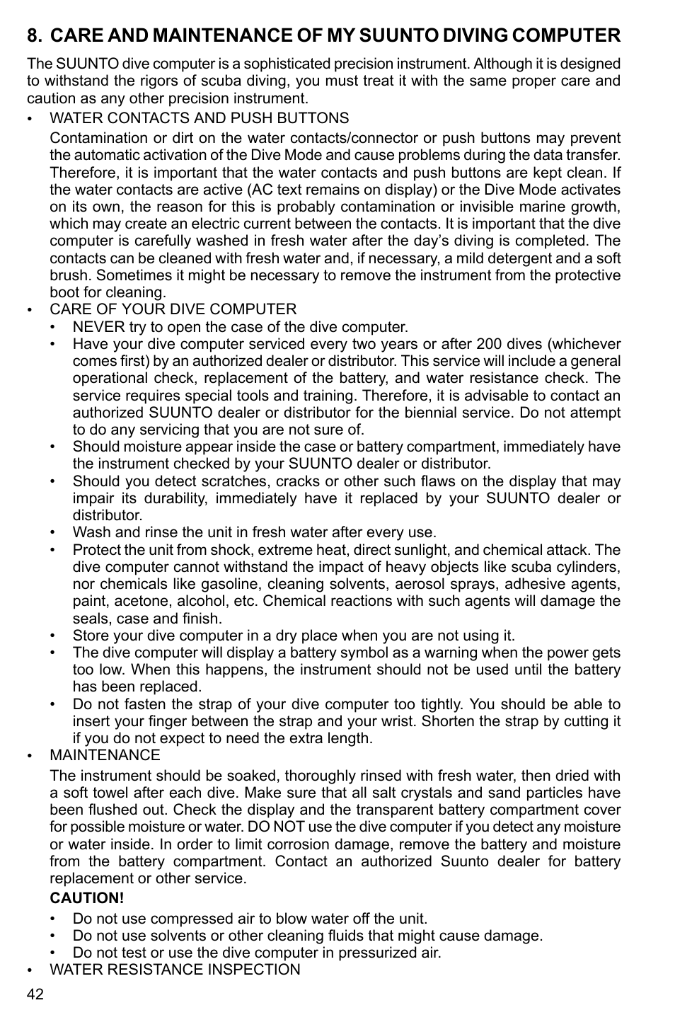 Care and maintenance of my suunto diving computer | SUUNTO Cobra3 User Manual | Page 42 / 60