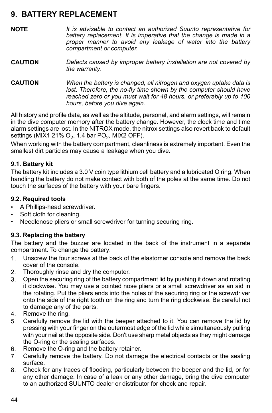 Battery replacement, Battery kit, Required tools | Replacing the battery, 44 9.2. required tools, 44 9.3. replacing the battery | SUUNTO Cobra3 User Manual | Page 44 / 60