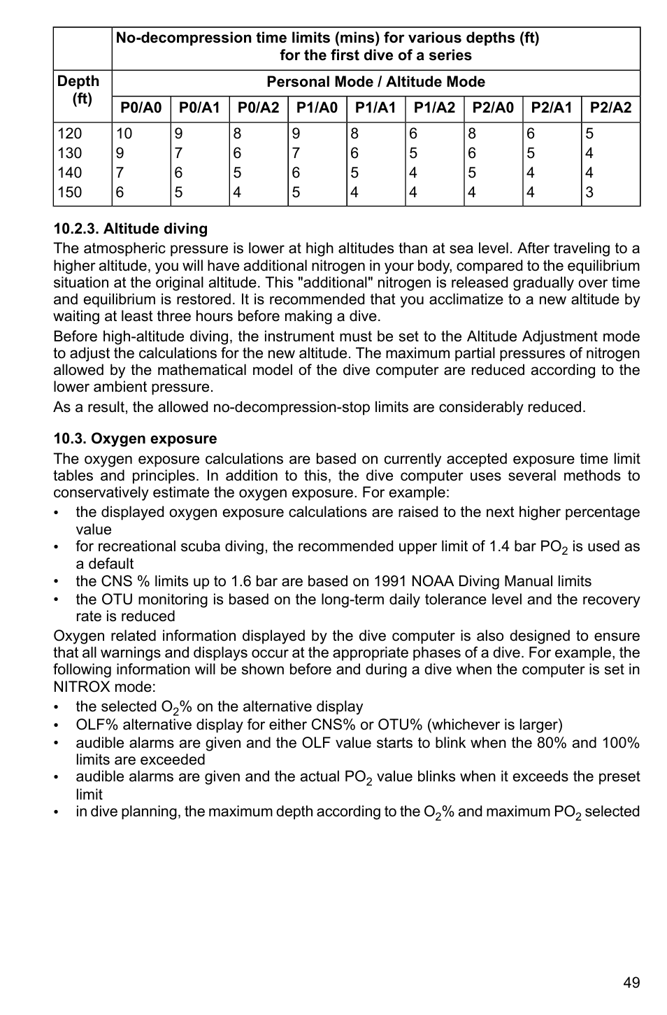Altitude diving, Oxygen exposure | SUUNTO Cobra3 User Manual | Page 49 / 60