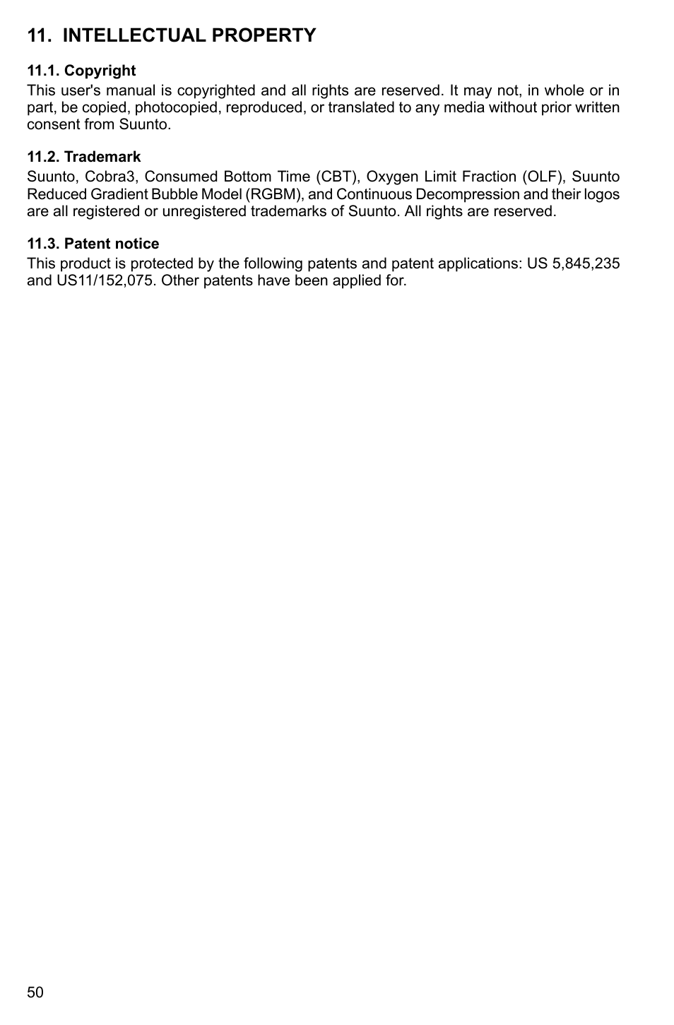 Intellectual property, Copyright, Trademark | Patent notice, 50 11.2. trademark, 50 11.3. patent notice | SUUNTO Cobra3 User Manual | Page 50 / 60
