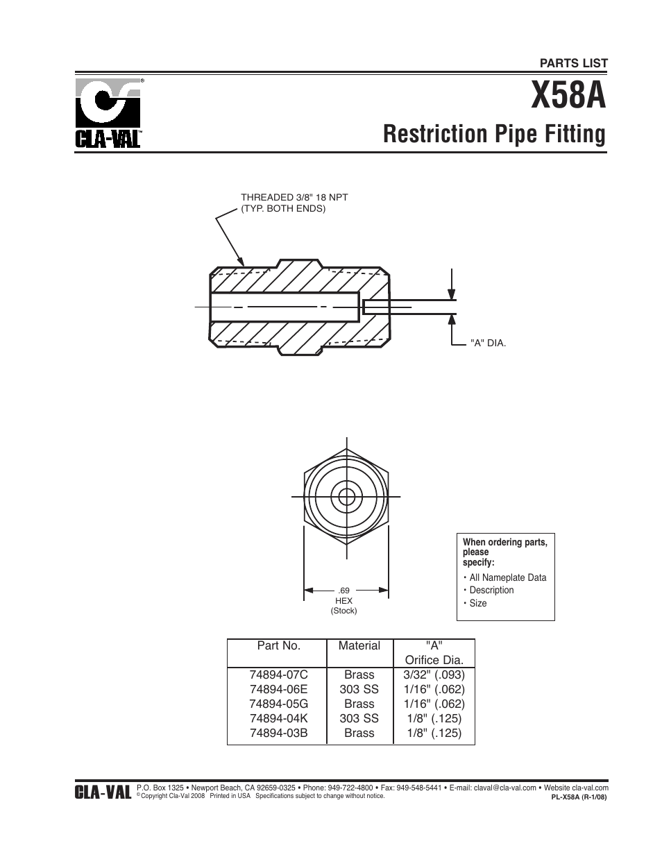 X58a, Restriction pipe fitting, Cla-val | Cla-Val 750B-4KG User Manual | Page 19 / 25