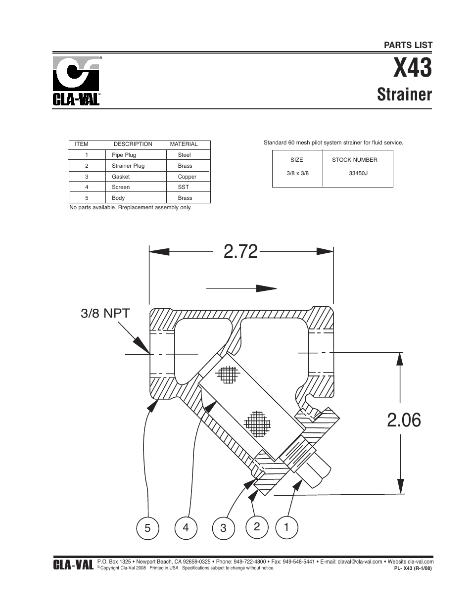 Strainer, 3/8 npt, Cla-val | Cla-Val 750B-4KG User Manual | Page 22 / 25
