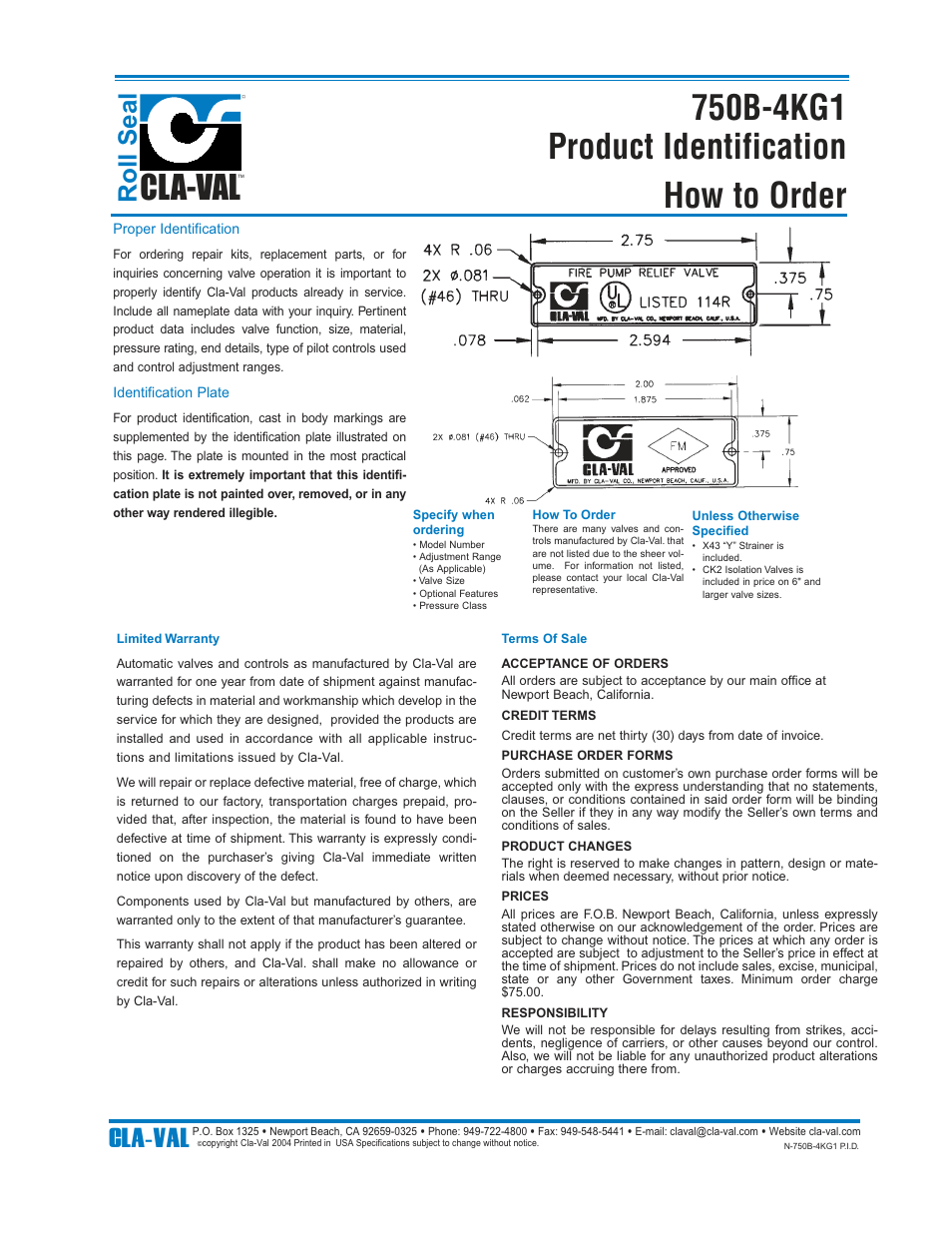 How to order, Roll seal, Cla-val | Cla-Val 750B-4KG User Manual | Page 23 / 25