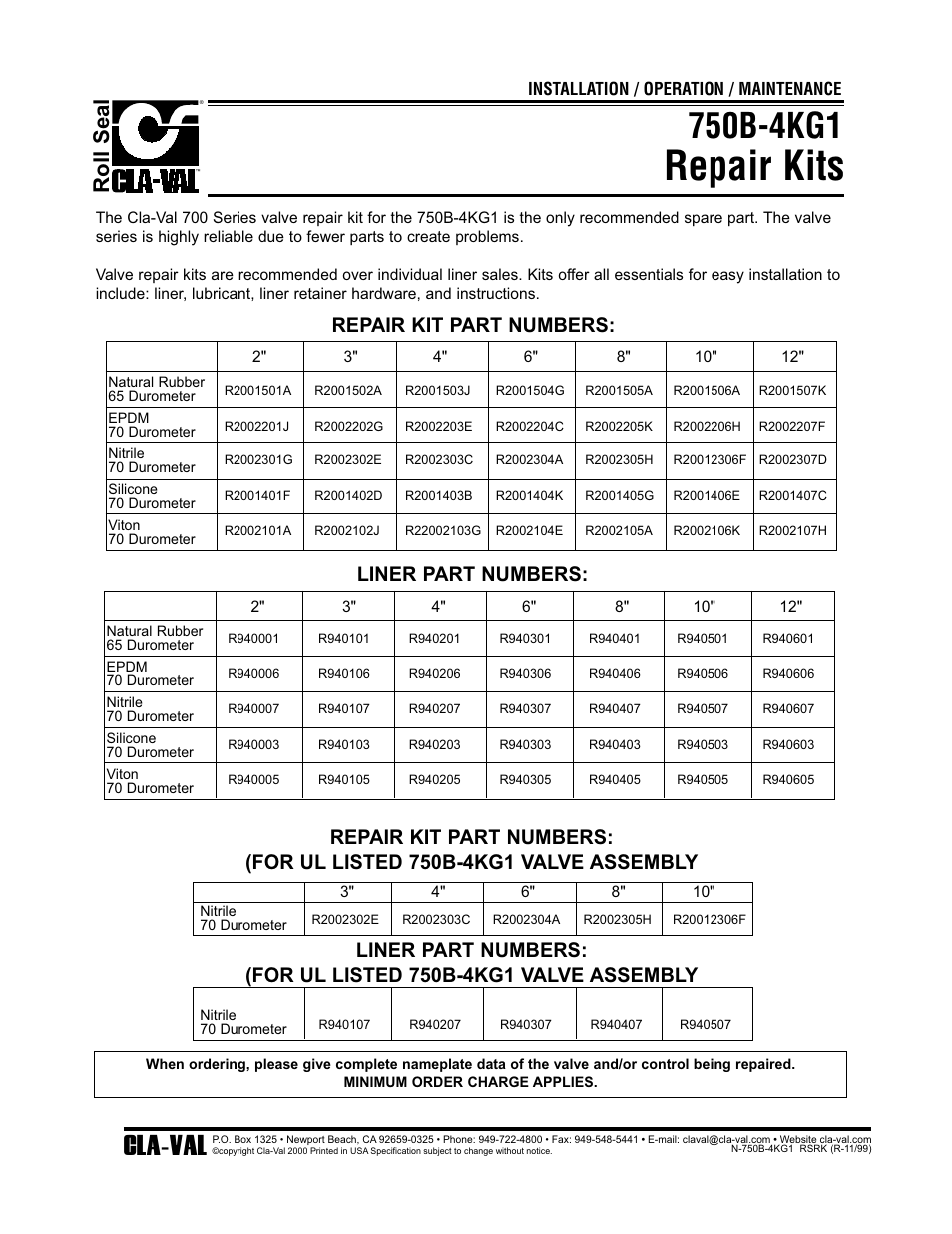 Repair kits, Cla-val, Roll seal | Repair kit part numbers, Liner part numbers | Cla-Val 750B-4KG User Manual | Page 25 / 25