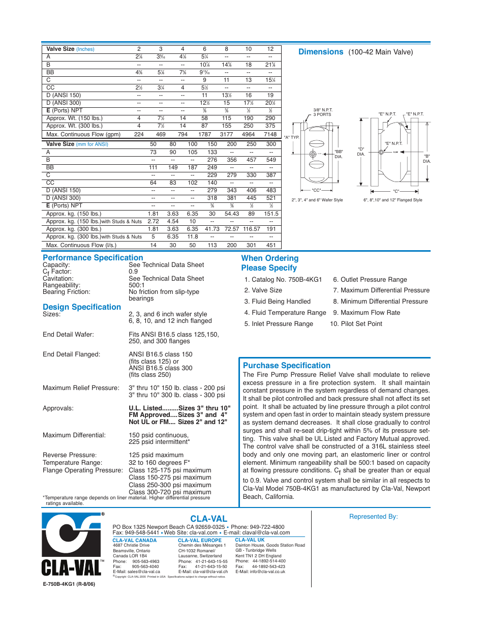 Cla-val, When ordering please specify, Purchase specification | Dimensions, Performance specification, Design specification, 42 main valve) | Cla-Val 750B-4KG User Manual | Page 6 / 25