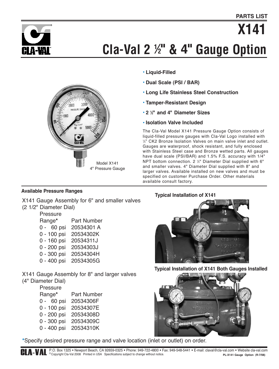 X141, Cla-val 2, 4" gauge option | Cla-val | Cla-Val 850B-4 User Manual | Page 13 / 18