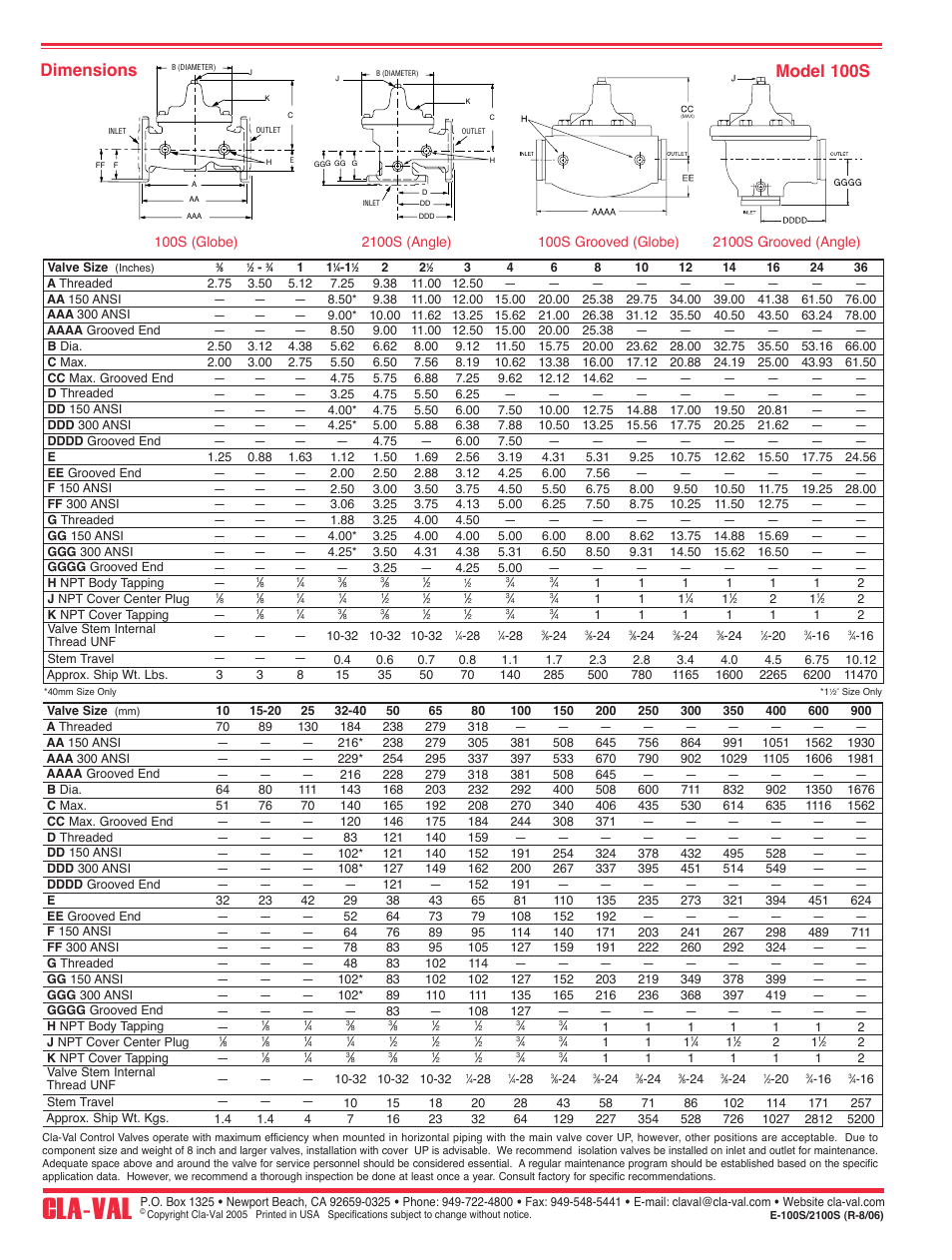 Cla-val, Dimensions model 100s | Cla-Val 50-20 User Manual | Page 10 / 33