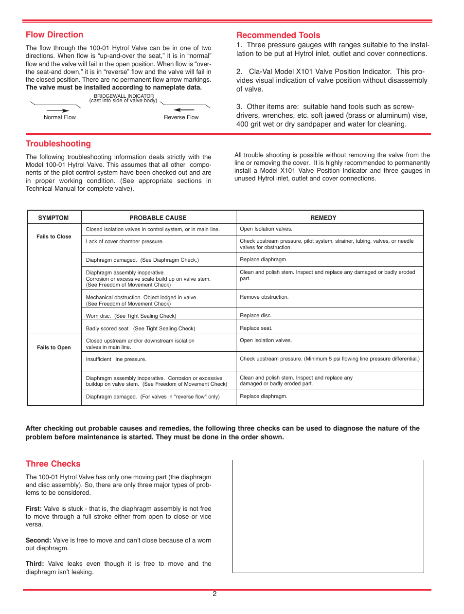 Flow direction, Troubleshooting, Three checks | Recommended tools | Cla-Val 50-20 User Manual | Page 12 / 33