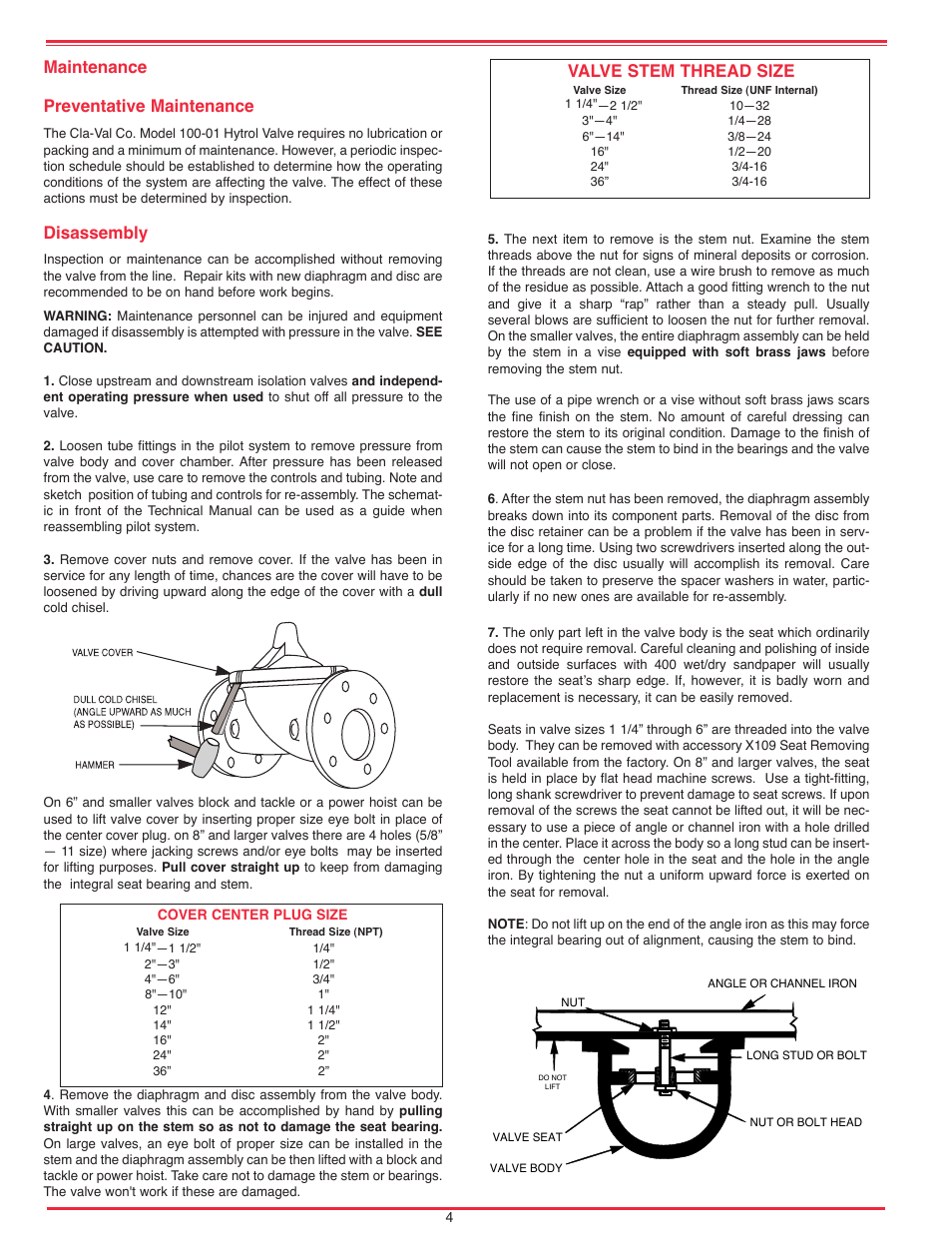 Maintenance preventative maintenance, Disassembly, Valve stem thread size | Cla-Val 50-20 User Manual | Page 14 / 33