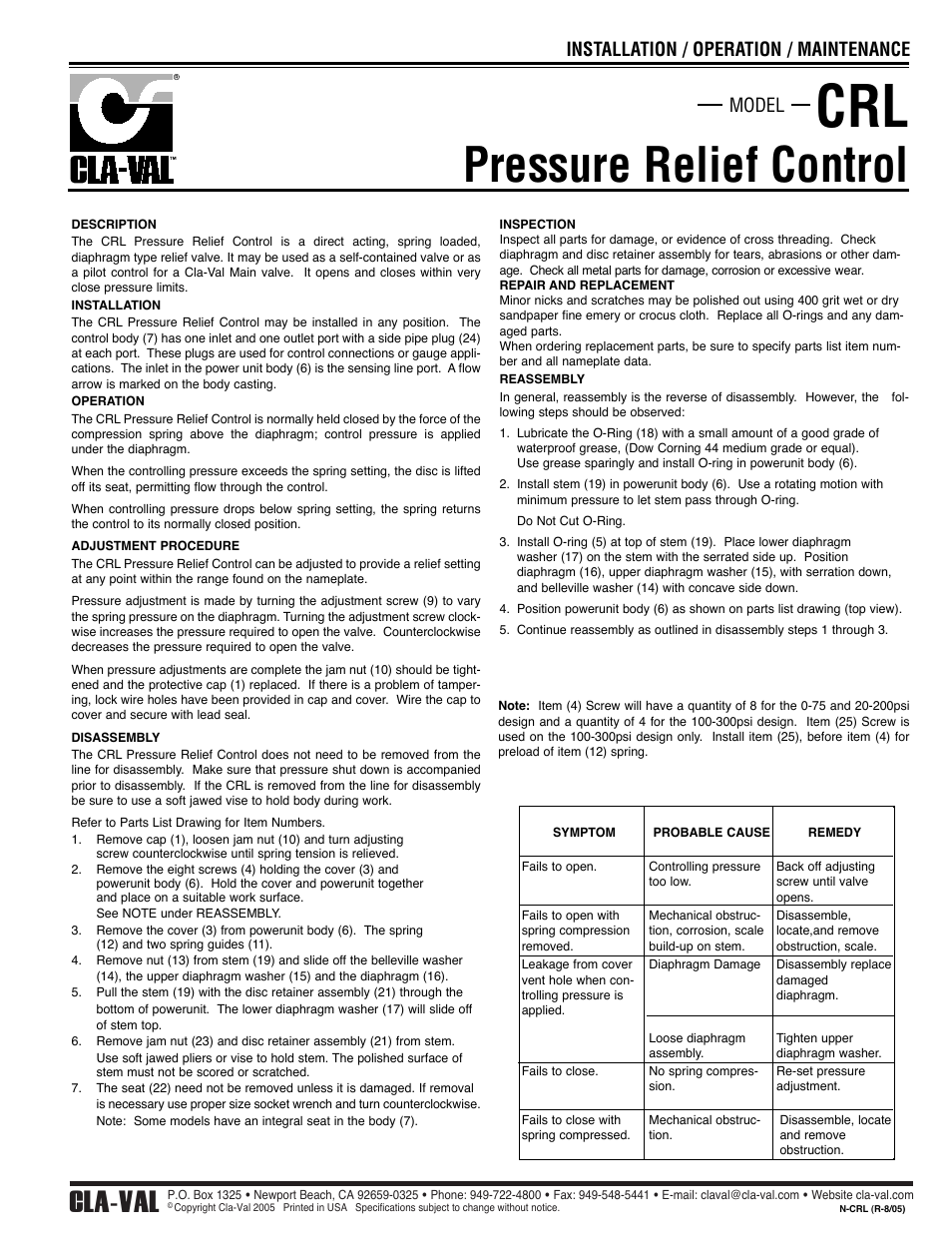 Pressure relief control, Cla-val, Model installation / operation / maintenance | Cla-Val 50-20 User Manual | Page 21 / 33