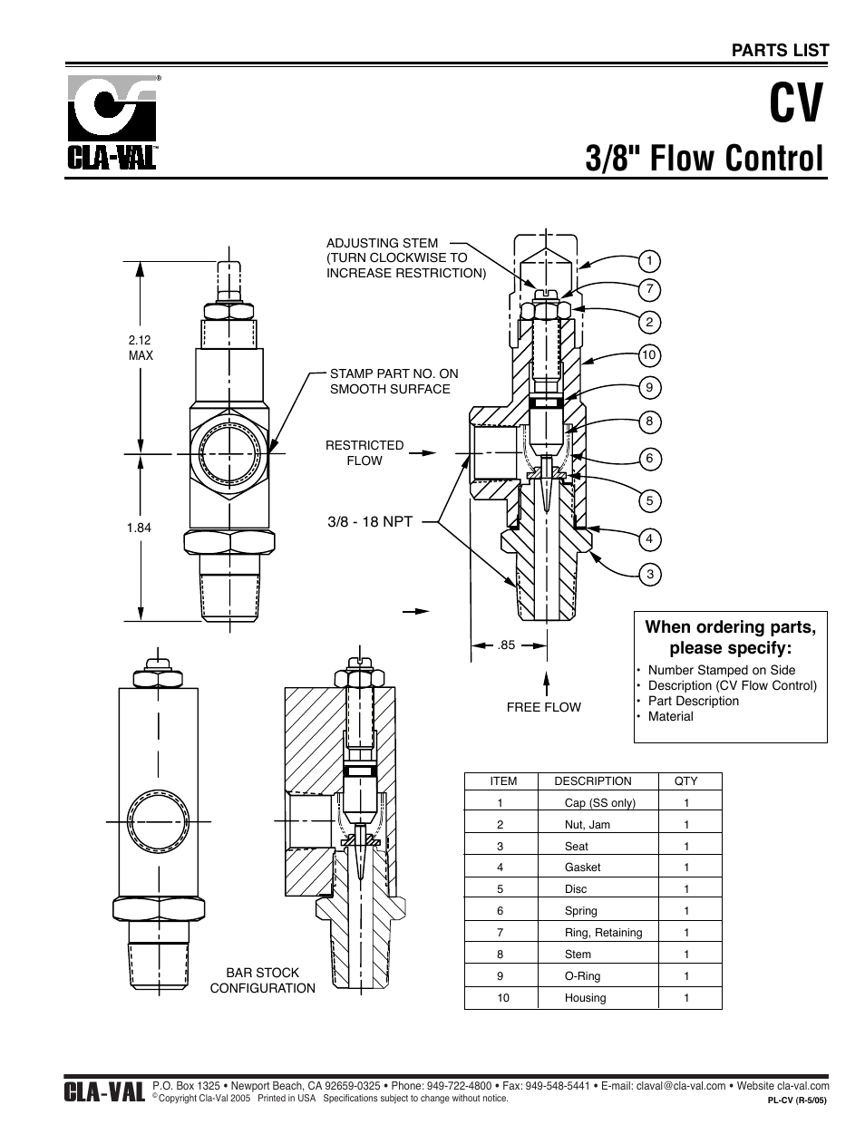 3/8" flow control, Cla-val, When ordering parts, please specify | Parts list | Cla-Val 50-20 User Manual | Page 29 / 33