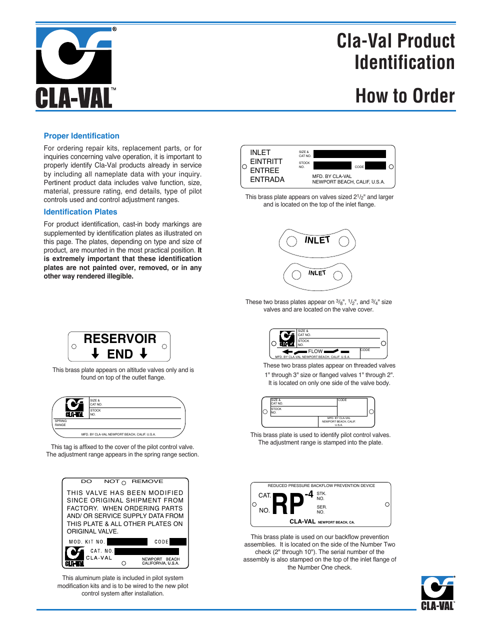 Cla-val product identification, How to order, Reservoir end | Inlet | Cla-Val 50-20 User Manual | Page 30 / 33