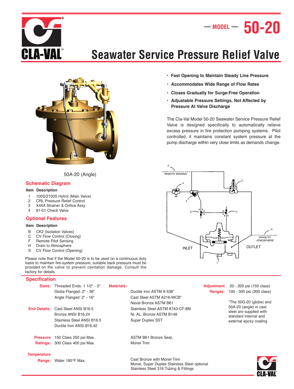 Seawater service pressure relief valve, Model | Cla-Val 50-20 User Manual | Page 5 / 33