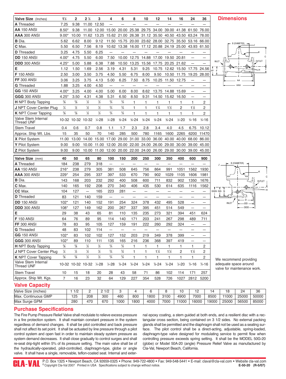 Cla-val, Purchase specifications dimensions, Valve capacity | Cla-Val 50-20 User Manual | Page 6 / 33