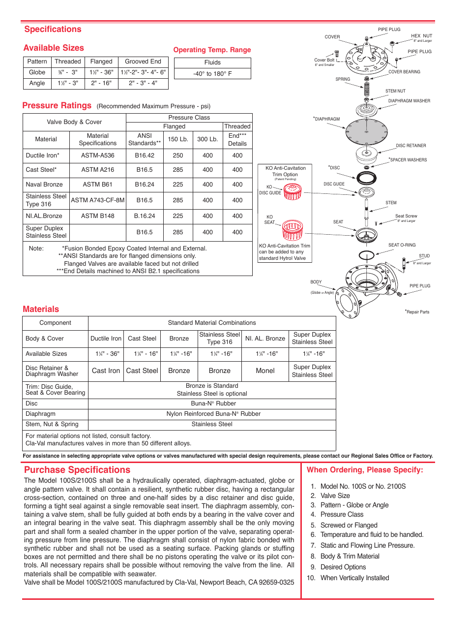 Purchase specifications, Specifications, Available sizes | Materials pressure ratings, When ordering, please specify | Cla-Val 50-20 User Manual | Page 8 / 33