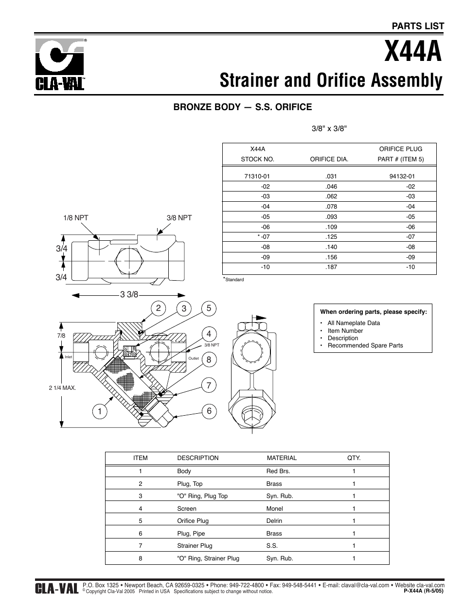 X44a, Strainer and orifice assembly, Cla-val | Bronze body — s.s. orifice, Parts list | Cla-Val 50-49 User Manual | Page 16 / 29