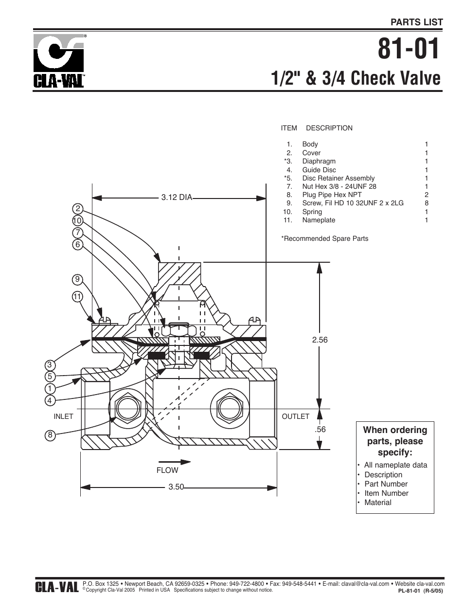 1/2" & 3/4 check valve, Cla-val | Cla-Val 50-49 User Manual | Page 18 / 29