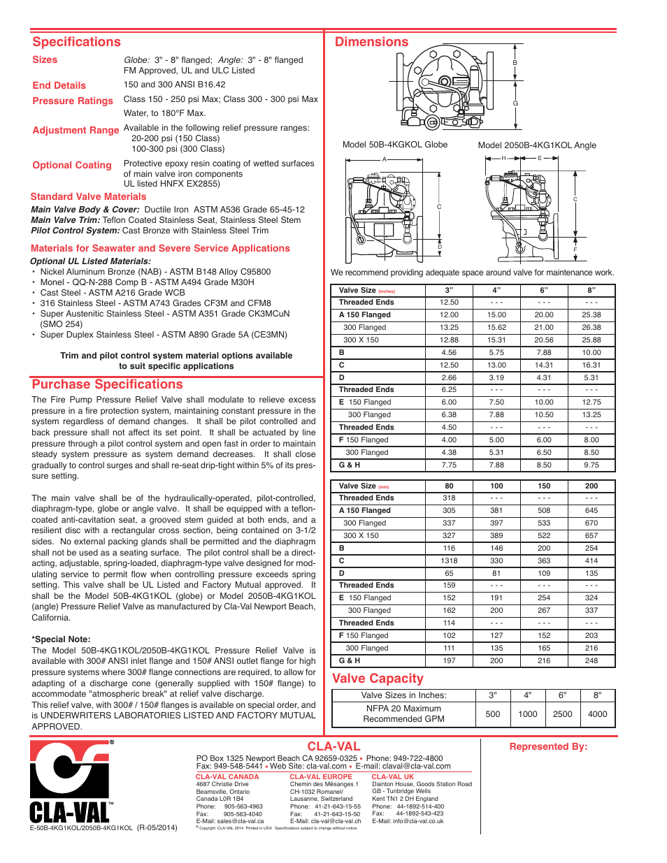 Specifications, Dimensions, Purchase specifications | Valve capacity, Cla-val, Represented by | Cla-Val 50B-4KG1KOL/2050B-4KG1KOL User Manual | Page 2 / 2