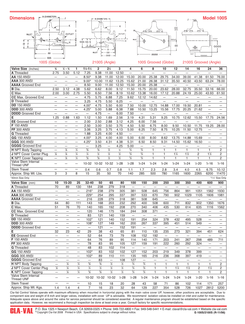 Cla-val, Dimensions model 100s | Cla-Val 90-42 User Manual | Page 10 / 28